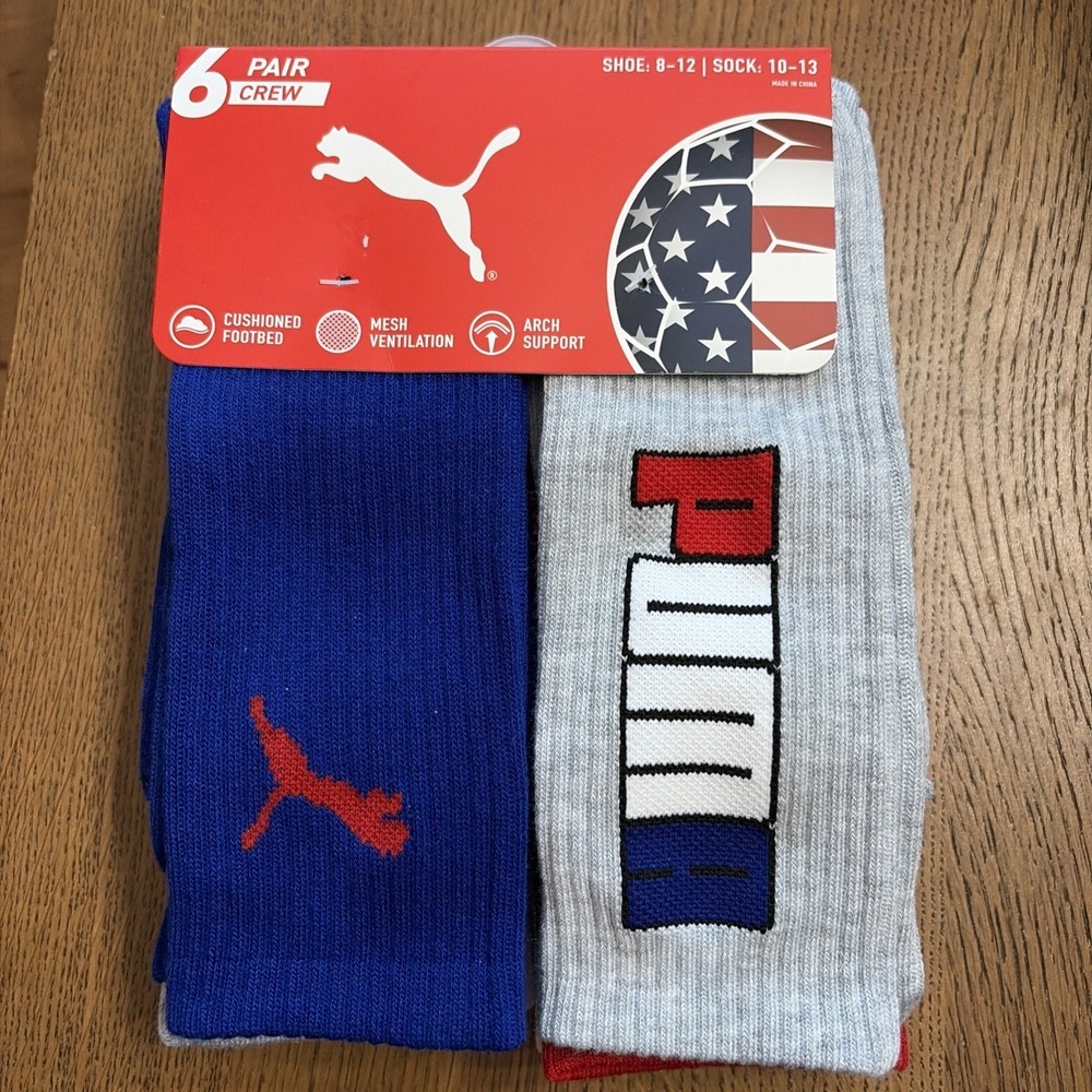 PUMA Men's World Cup Soccer Crew Socks U.S.A. - Shoe Size 8-12 - 6 Pair - NEW